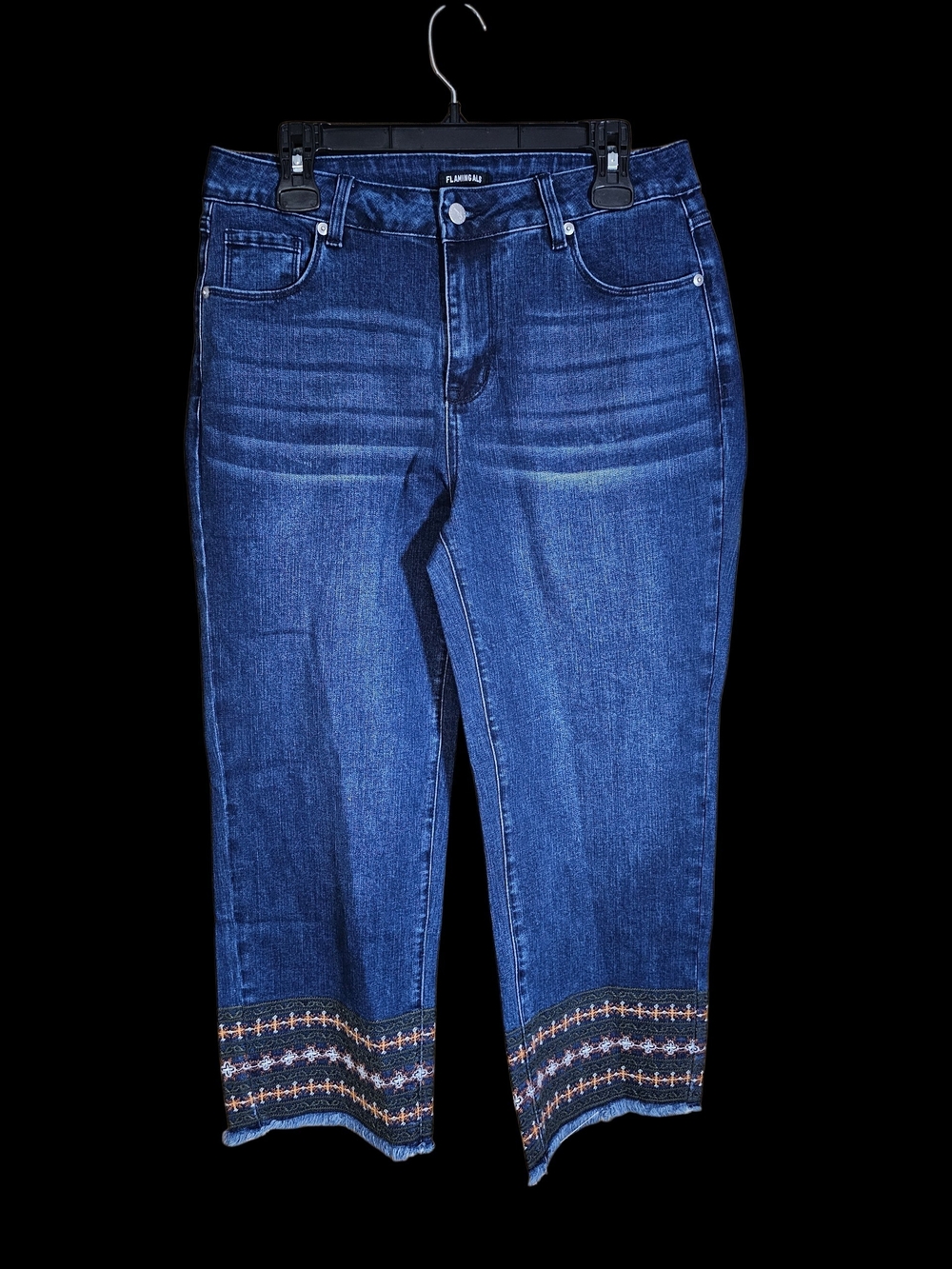 Flaxbay Embroidered Hem Cropped Jeans in Dark Blue
